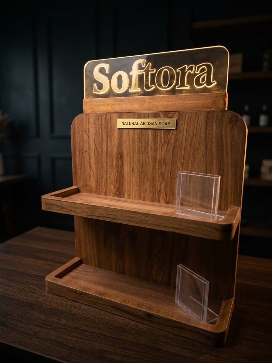ستاند عرض خشبي بإضاءة LED مخفية ولوجو أكريليك مضيء لعلامة Softora لصابون البشرة الطبيعي - نيو سول